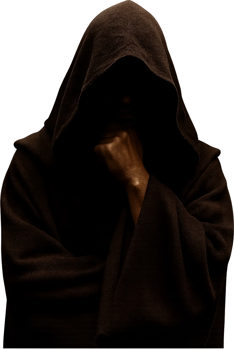 Eine Gestalt in dunkler Kapuzenrobe, das Gesicht im Schatten, die Hand nachdenklich am Kinn